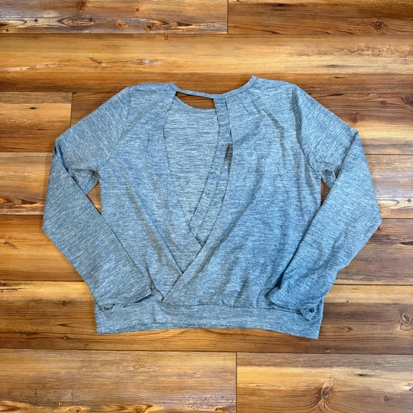 Heather Blue Long Sleeve Open Back Yoga Top with Thumb Holes - Picture 2 of 4